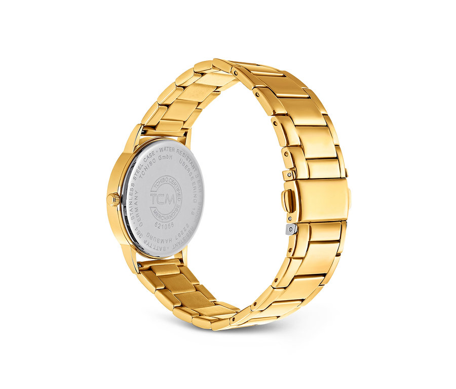 Detailansicht einer goldenen Damenuhr, Edelstahl PVD-beschichtet.