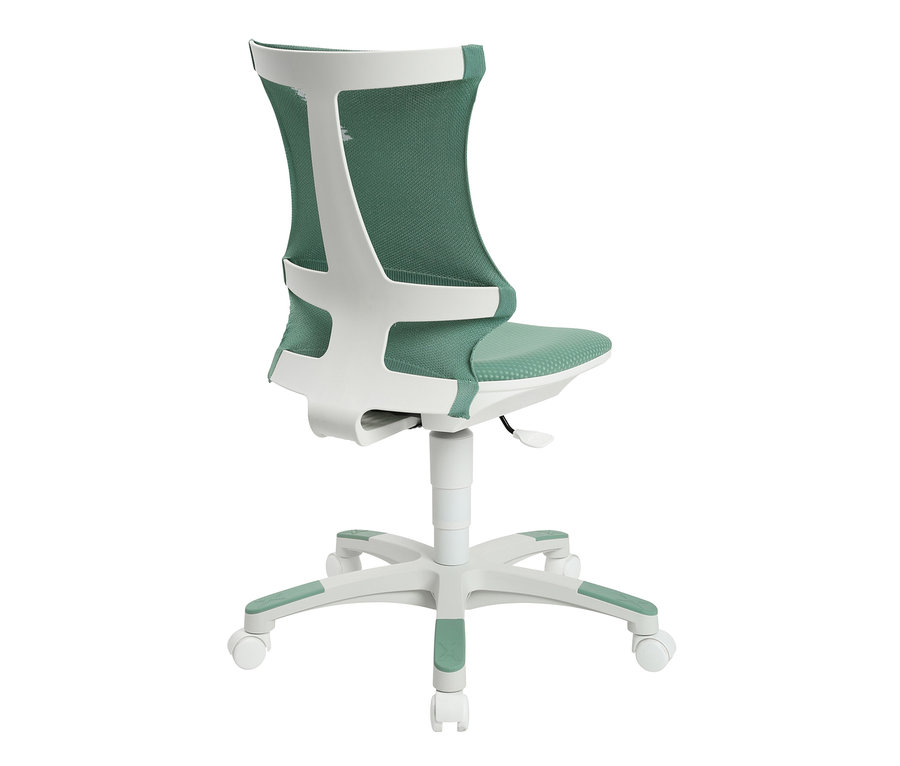 Detailansicht des mintfarbenen Topstar Kinderstuhls »SITNESS X CHAIR 10« mit weißem Rahmen.