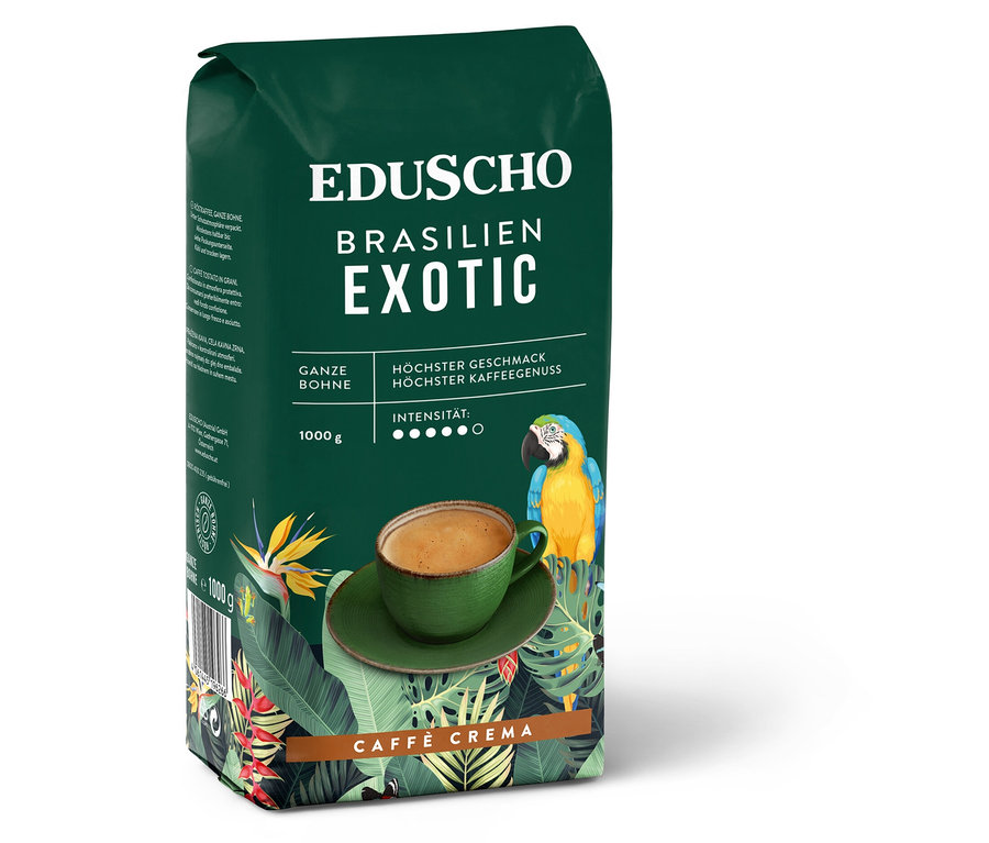 Eine Packung Eduscho Caffè Crema Brasilien Exotic. Auf der Verpackung sind eine Tasse Kaffee und ein Papagei abgebildet.