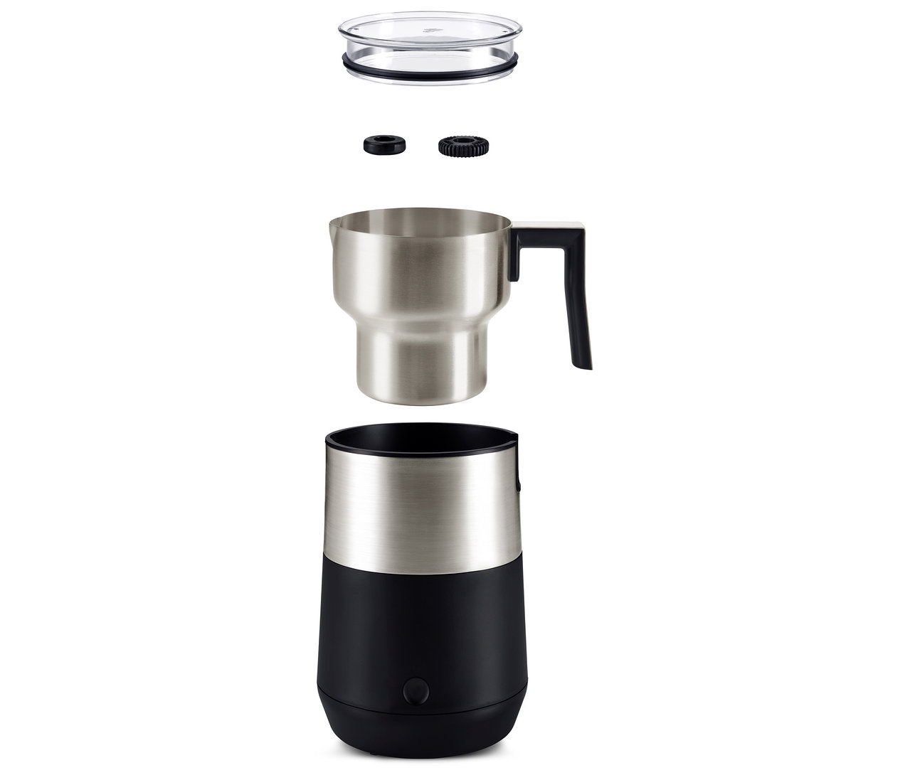 Ein zerlegter, schwarzer Induktions-Milchaufschäumer, bestehend aus einem transparenten Deckel, zwei schwarzen Aufsätzen, einem Edelstahlbehälter und einer schwarzen Basis.