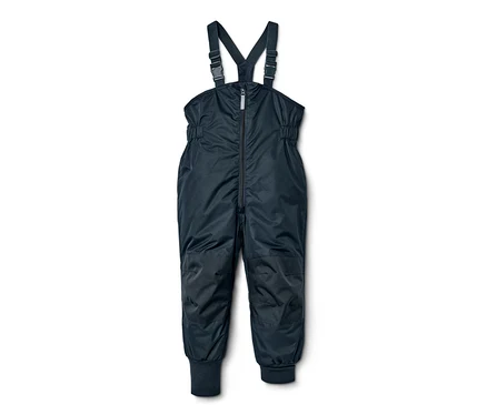 Dunkelblaue Kinder-Regenhose mit Mitwachsfunktion, Latz und Reißverschluss in der Mitte.