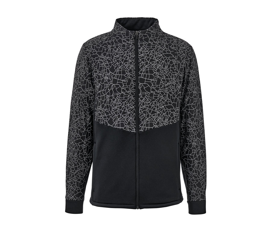 Schwarzgraue Thermojacke mit Reißverschluss und geometrischem Muster.