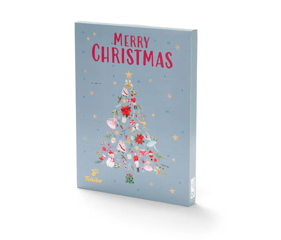 Blauer Tchibo Adventskalender mit Weihnachtsmotiv.