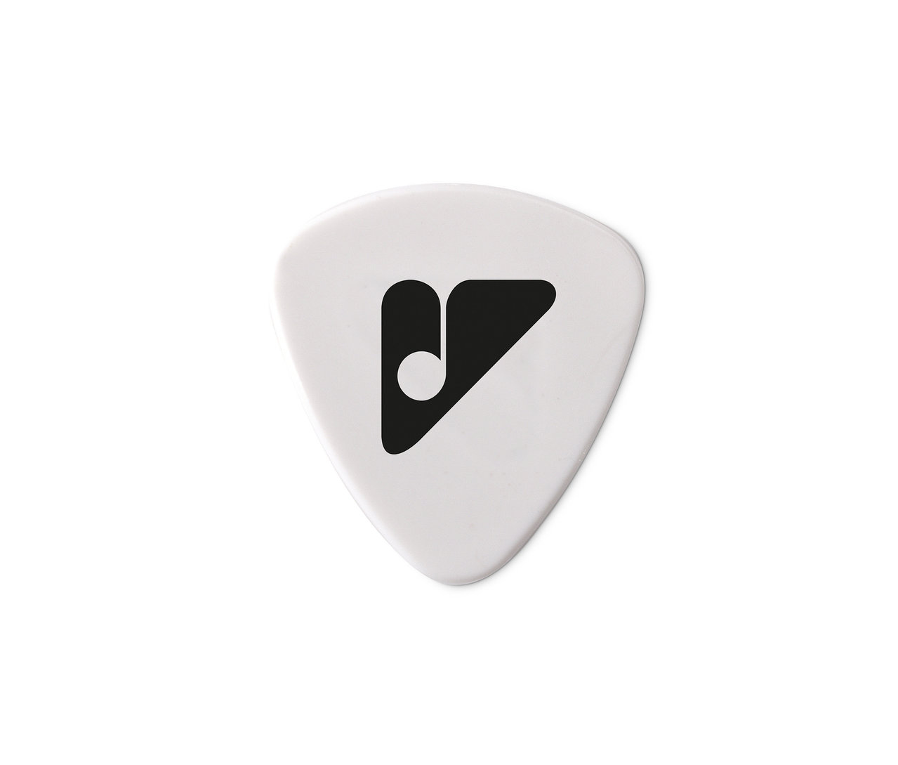 Weißes Plektrum mit schwarzem Logo.