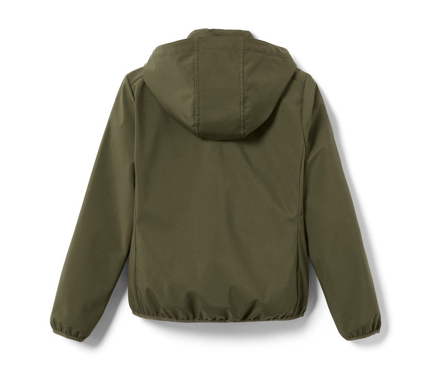 Rückansicht einer olivgrünen Kinder-Reitjacke mit Kapuze.