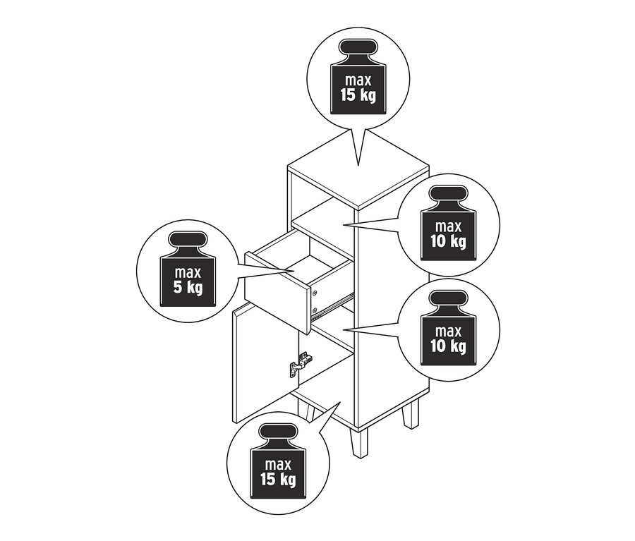 Illustration eines schmalen Bad-Beistellschranks mit Schublade und Tür.