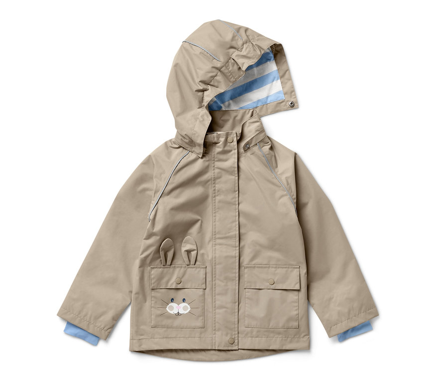 Braune Kinder-Regenjacke mit Kapuze und Hasenmotiv.
