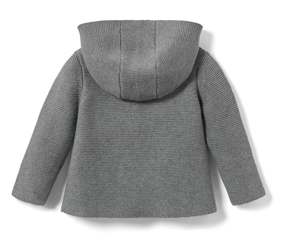 Detailansicht der Rückseite einer Baby-Strickjacke, grau meliert.
