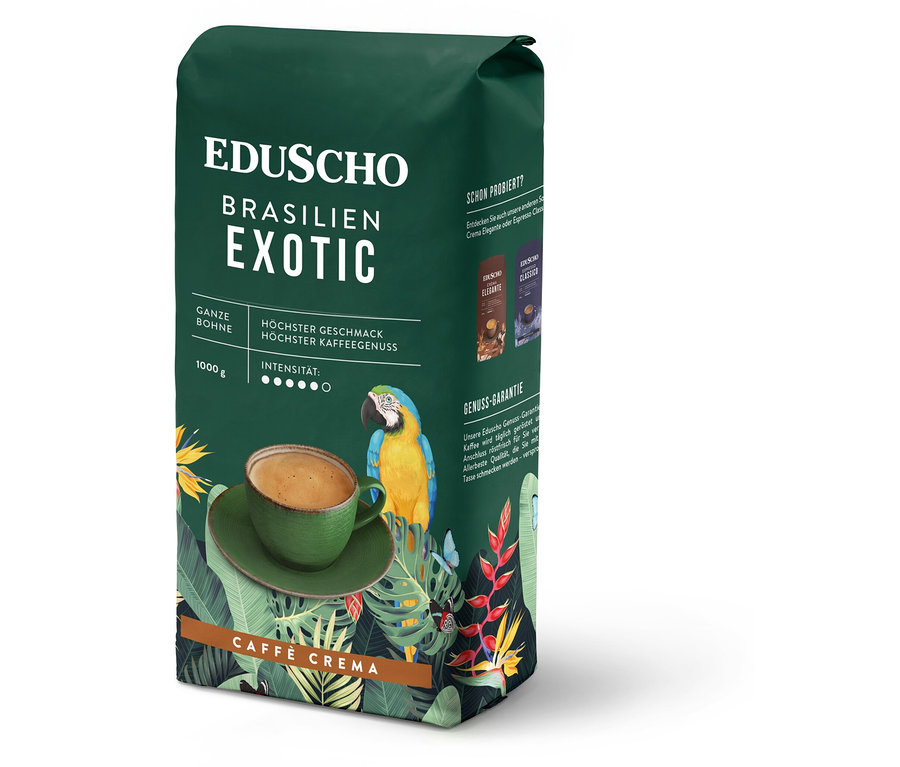 Eine Packung Eduscho Caffè Crema Brasilien Exotic mit einer Tasse Kaffee und einem Papagei.
