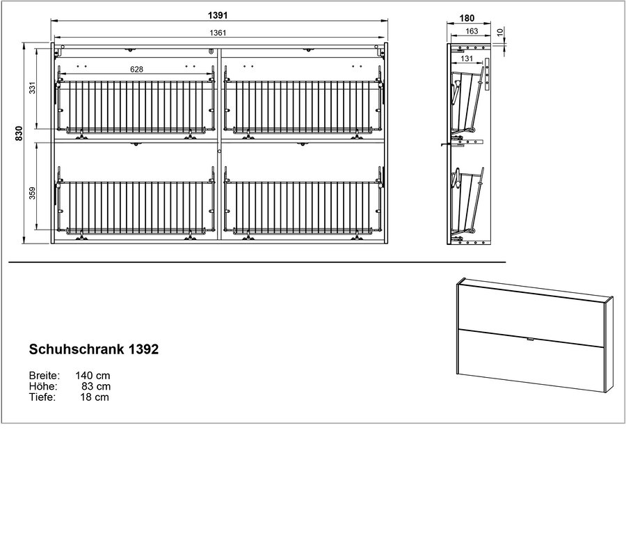Zeichnung Schuhschrank 1392, Breite 140 cm, Höhe 83 cm, Tiefe 18 cm.