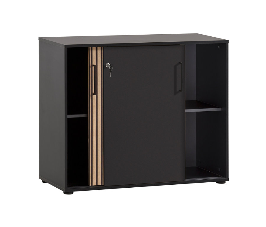 Schwarzer Aktenschrank »Hank« mit Schiebetür und Regalen.