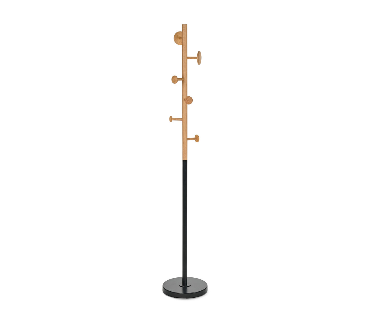 Garderobenständer mit Holzknöpfen und schwarzem Fuß.