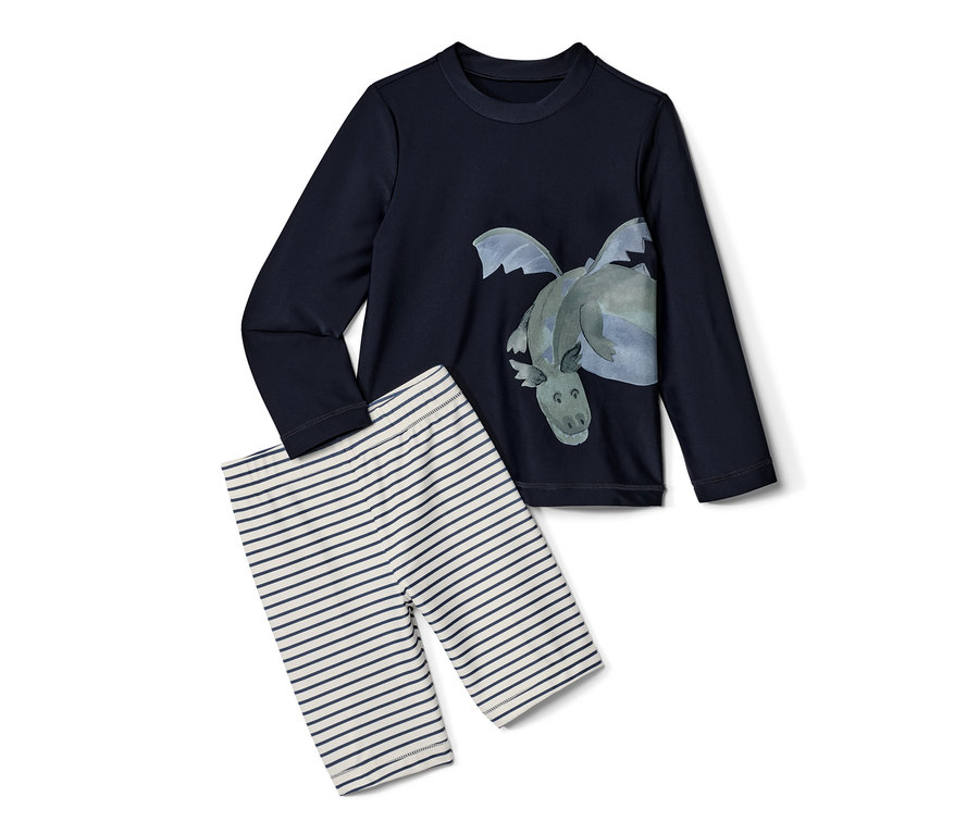 Kinder-Kombi mit UV-Schutzfaktor 80, Drache: Dunkelblaues Langarmshirt mit Drachenprint und gestreifte Leggings.