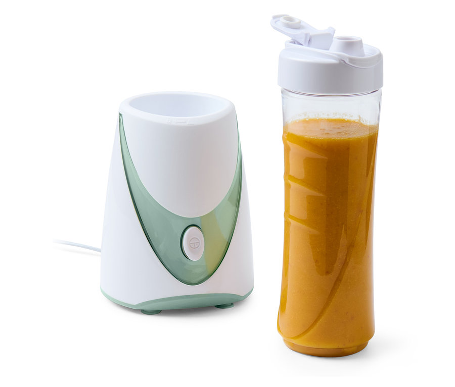 Smoothie-Maker, 250 W, mit Behälter gefüllt mit orangem Smoothie.