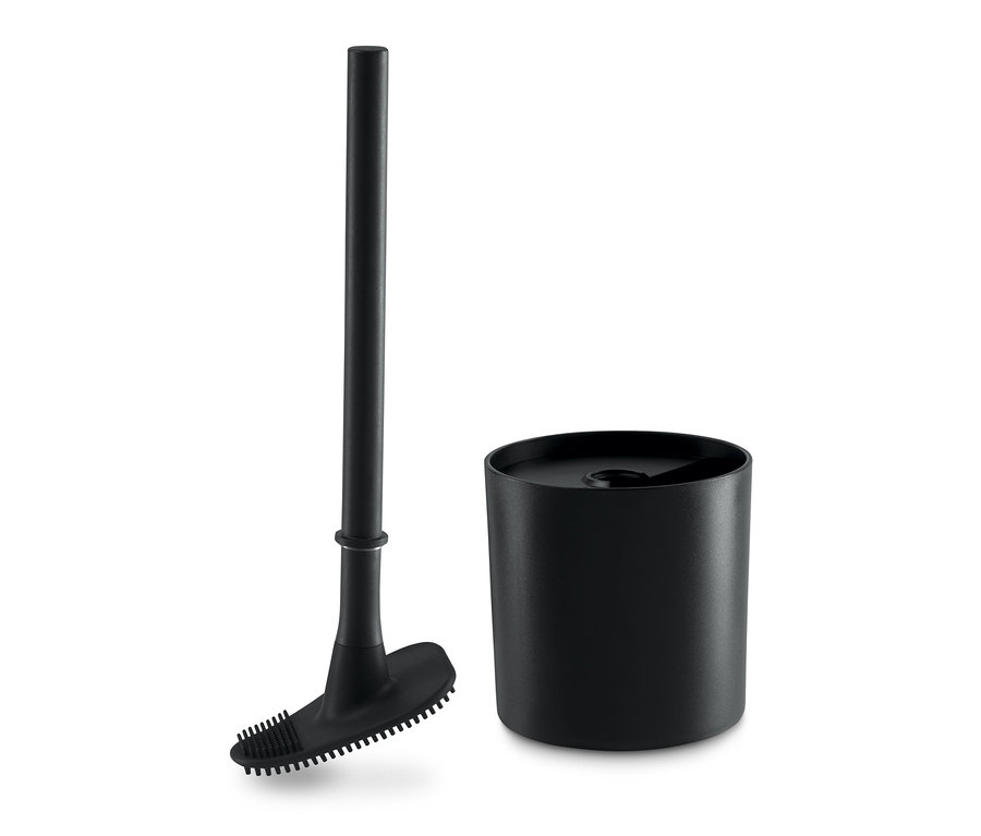 Schwarze Silikon-WC-Bürste neben schwarzem Halter.