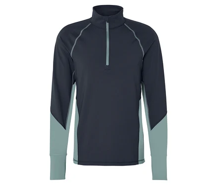 Dunkelblaues Langarmshirt mit hellblauen Einsätzen und Reißverschluss.