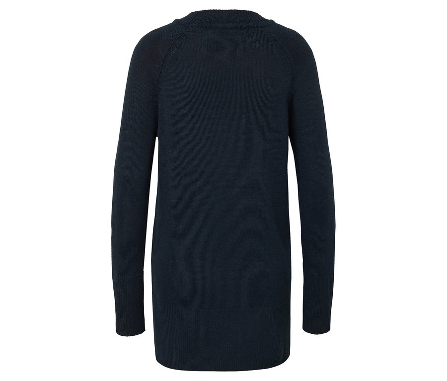 Dunkelblauer Strickcardigan von hinten auf weißem Hintergrund.