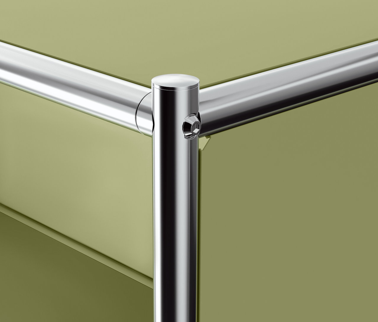 Detail einer Ecke eines Metallregals mit olivgrünen Schubladen.