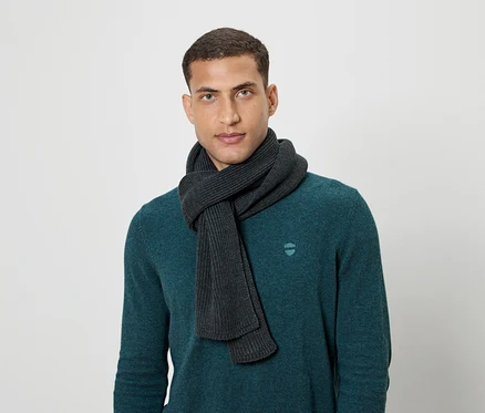 Mann mit dunkelgrauem Schal und blaugrünem Pullover.