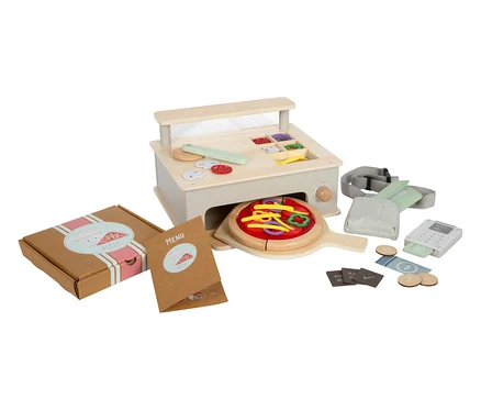 Pizza Spielzeugset mit Ofen, Pizza, Schachtel, Menü, Geld und Kasse.