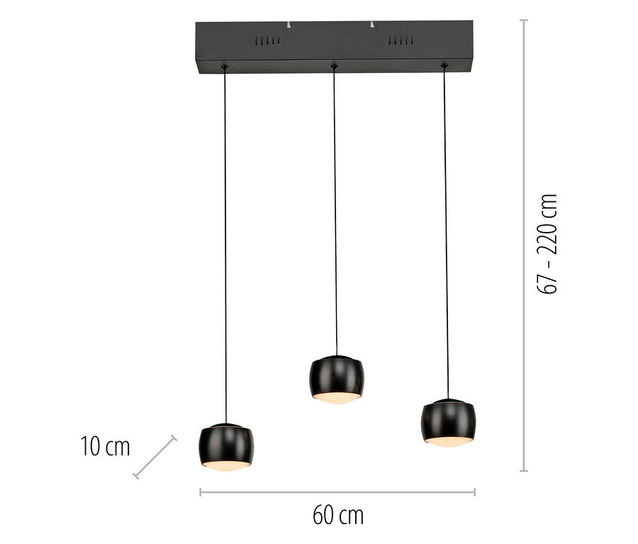 Schwarze Hängeleuchte mit drei Lampen, die an dünnen Kabeln hängen.