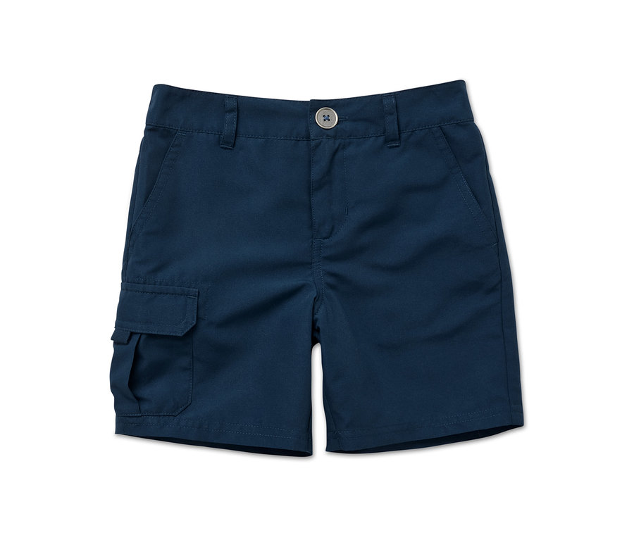 Marineblaue Kinder-Funktionsshorts mit Knopf und Taschen.