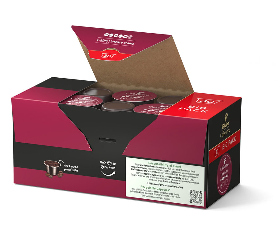 Geöffnete Packung Cafissimo Espresso kräftig mit 30 und 120 Kapseln.