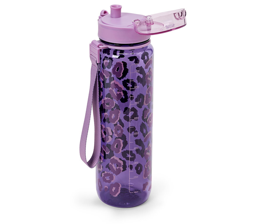 Lila Wasserflasche mit Leopardenmuster.