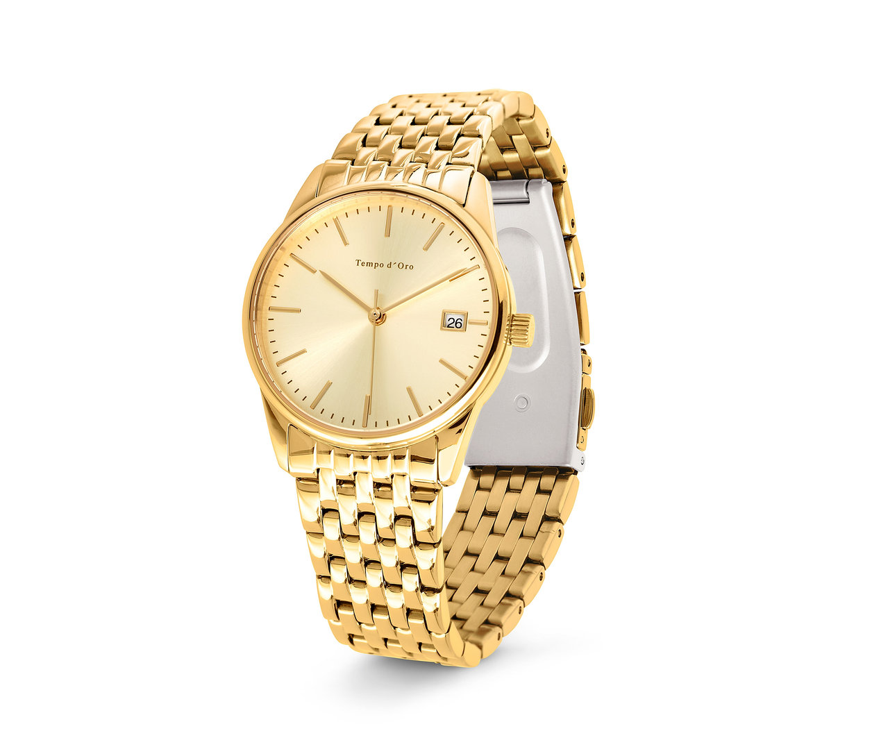 Nahaufnahme einer goldenen Damenuhr.