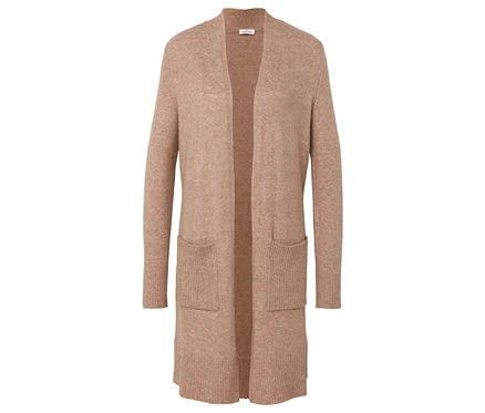 Ein offener, langer, beiger Cardigan mit Taschen.