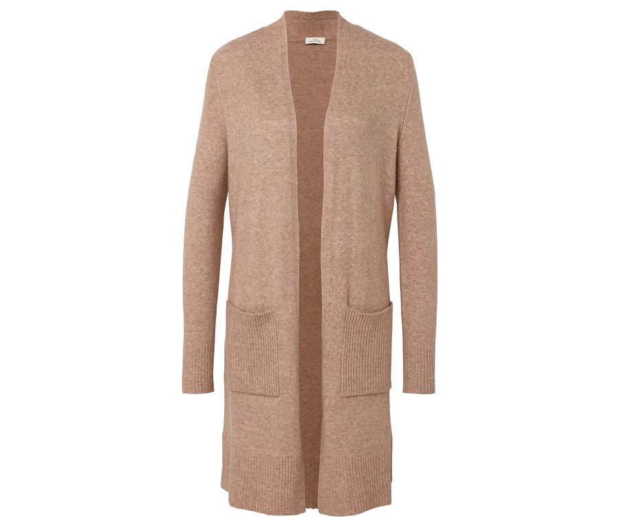 Ein offener, langer, beiger Cardigan mit Taschen.