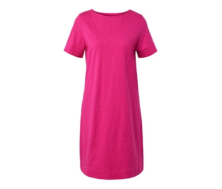 Pinkes Jerseykleid mit kurzen Ärmeln.