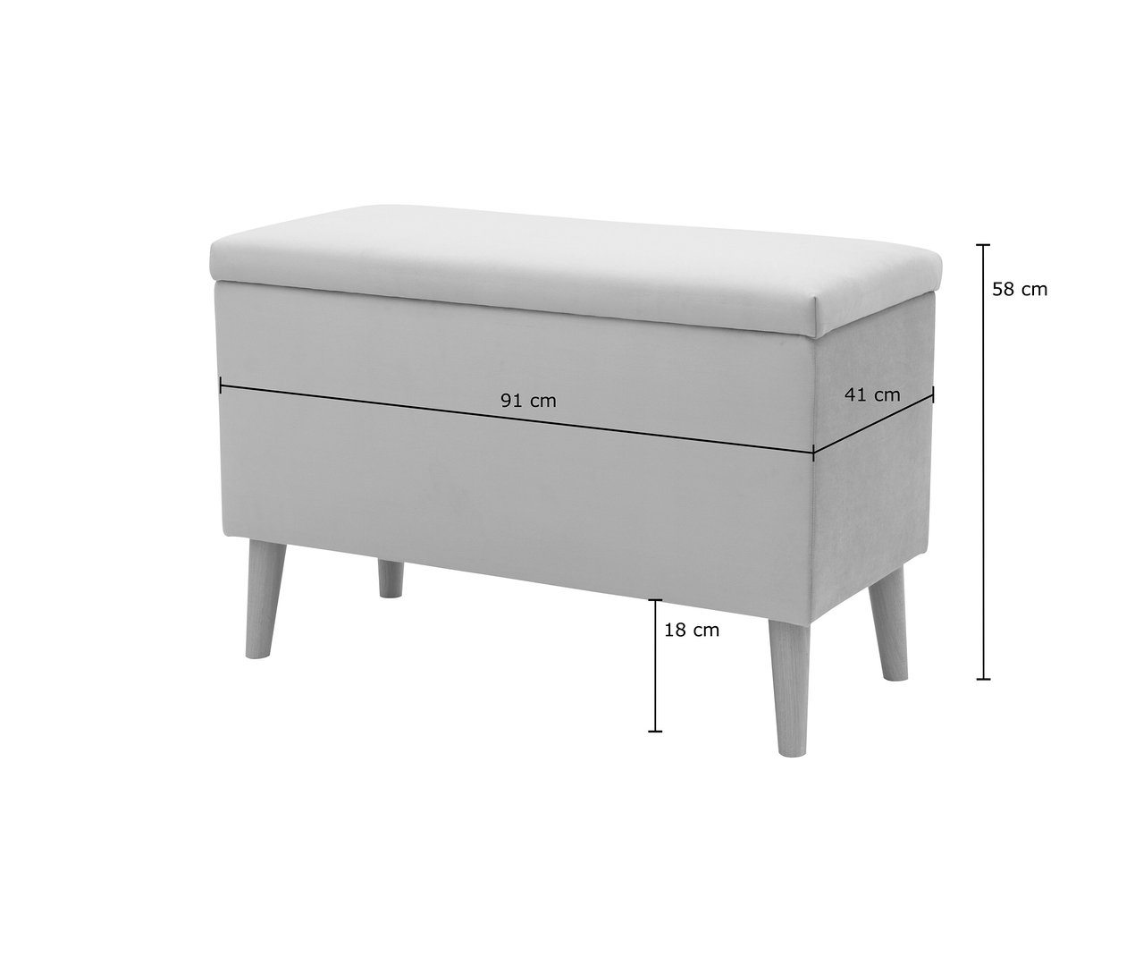 Grauer DOMO Hocker mit Stauraum und Holzfüßen.