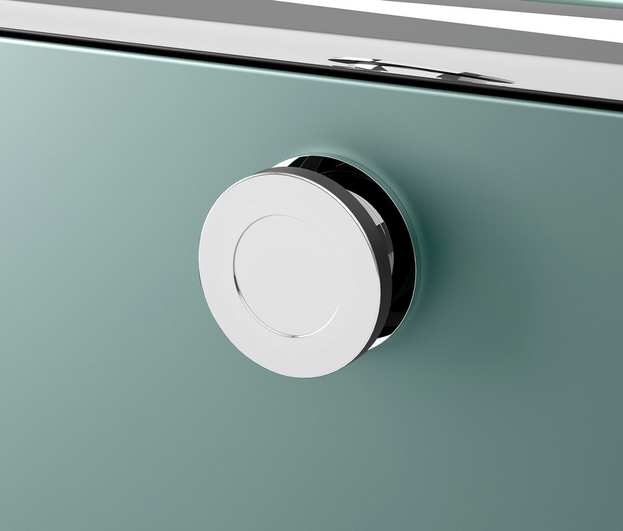 Detail eines hellblauen Möbels mit einem runden, silbernen Griff.