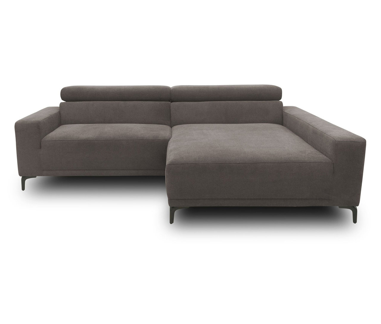 Graues DOMO Eck-Schlafsofa mit Hocker, rechtsbündig.