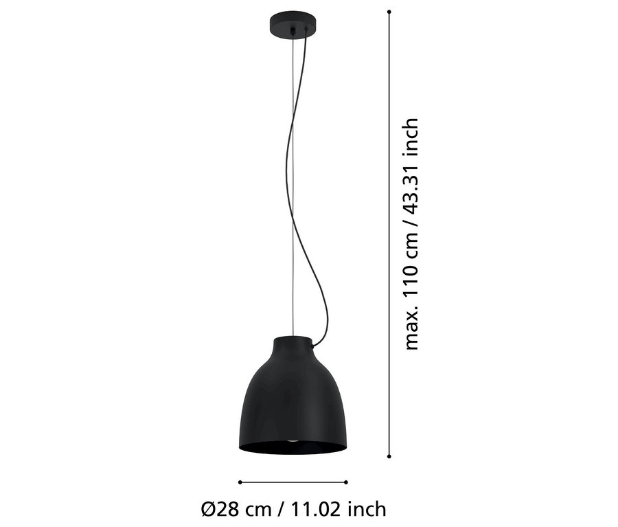 Schwarze Hängelampe mit den Maßen 28 cm Durchmesser und maximal 110 cm Länge.