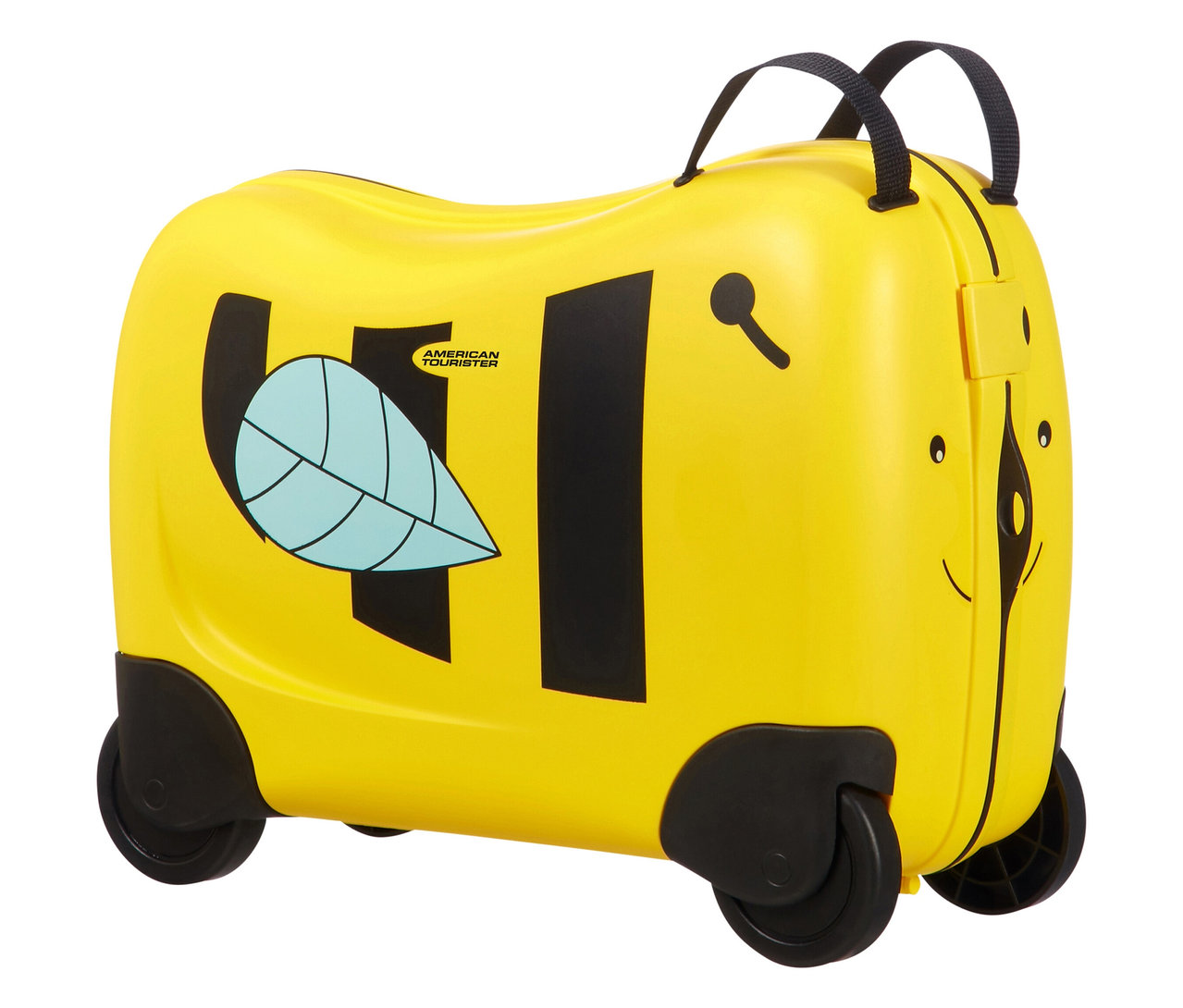 Gelber American Tourister Aufsitzkoffer »Funrider« Biene mit schwarzen Streifen, Rädern und Griffen.