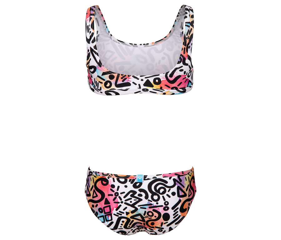 Weißer Bikini mit abstraktem Muster in Schwarz, Pink, Gelb und Blau.