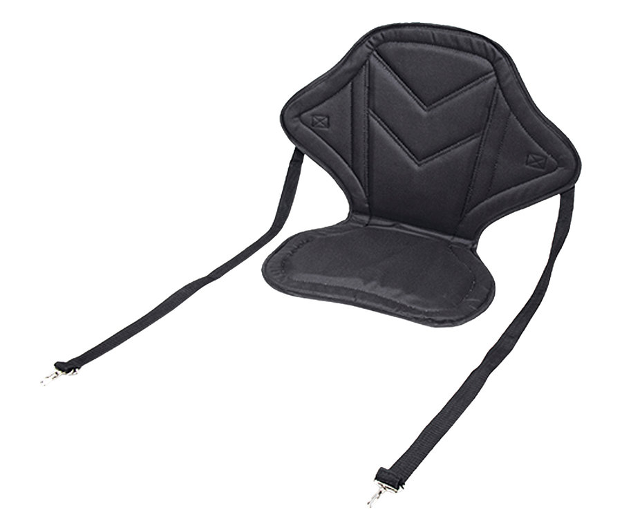 Nahaufnahme des schwarzen F2 SUP-und-Kajak-Sitzes mit Riemen auf weißem Hintergrund.