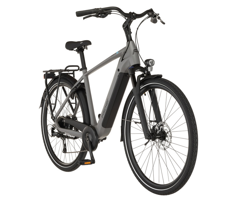 Graues FISCHER Trekking-E-Bike VIATOR MOVE mit großem Diamant-Rahmen von der Seite.