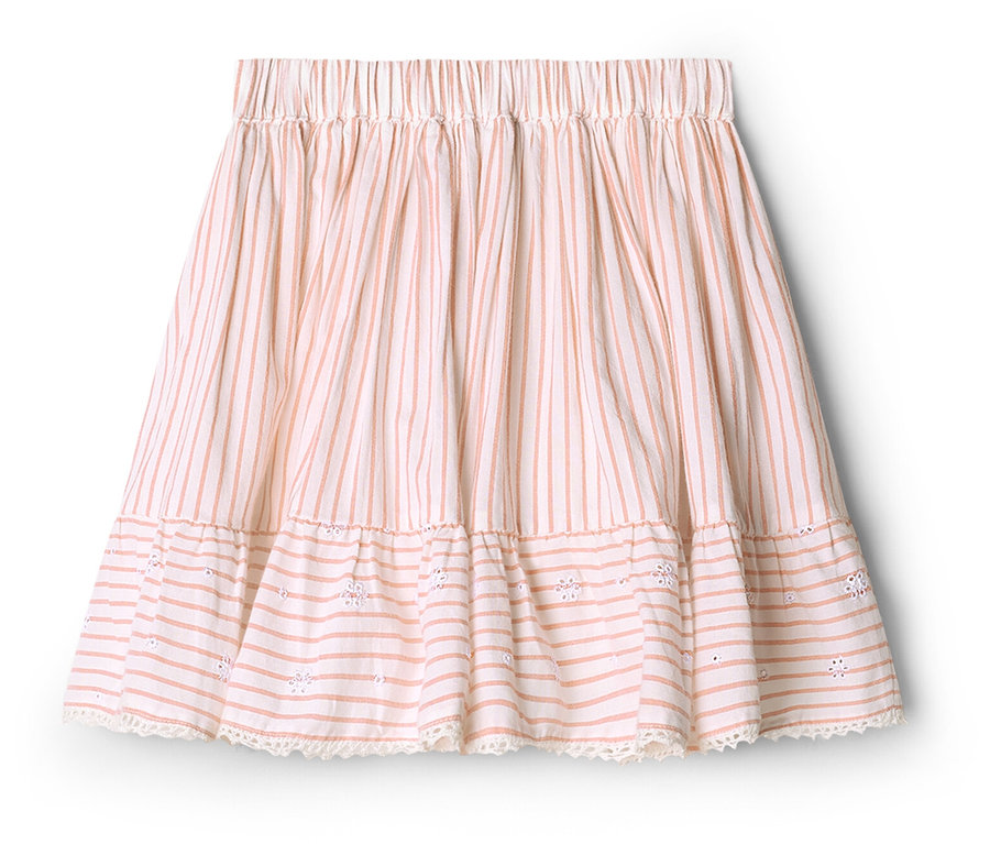 Kinder-Webrock mit vertikalen pfirsichfarbenen Streifen auf hellem Grund, elastischem Bund, Rüschenlage mit Blumenstickerei und Spitzenborte.