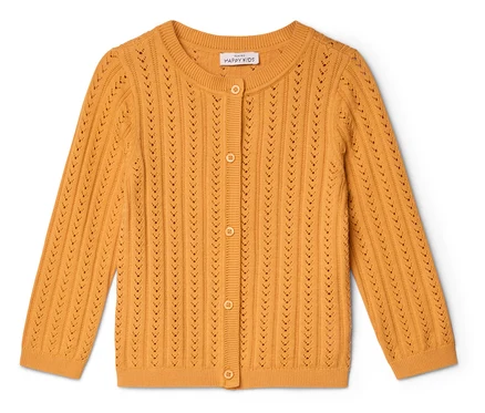 Gelbe Strickjacke mit langen Ärmeln und Knöpfen.