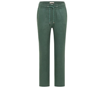 Grüne Hose mit Kordelzug und elastischem Bund, frontal aufgenommen.