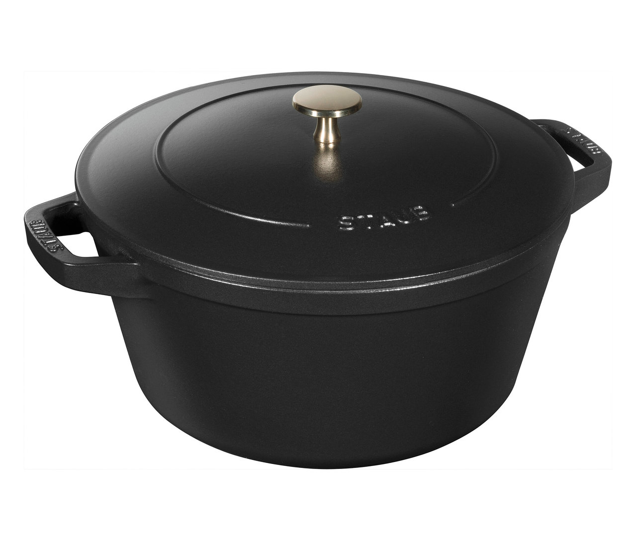 Schwarzer STAUB Kochtopf »La Cocotte« mit Deckel und goldenem Knauf.