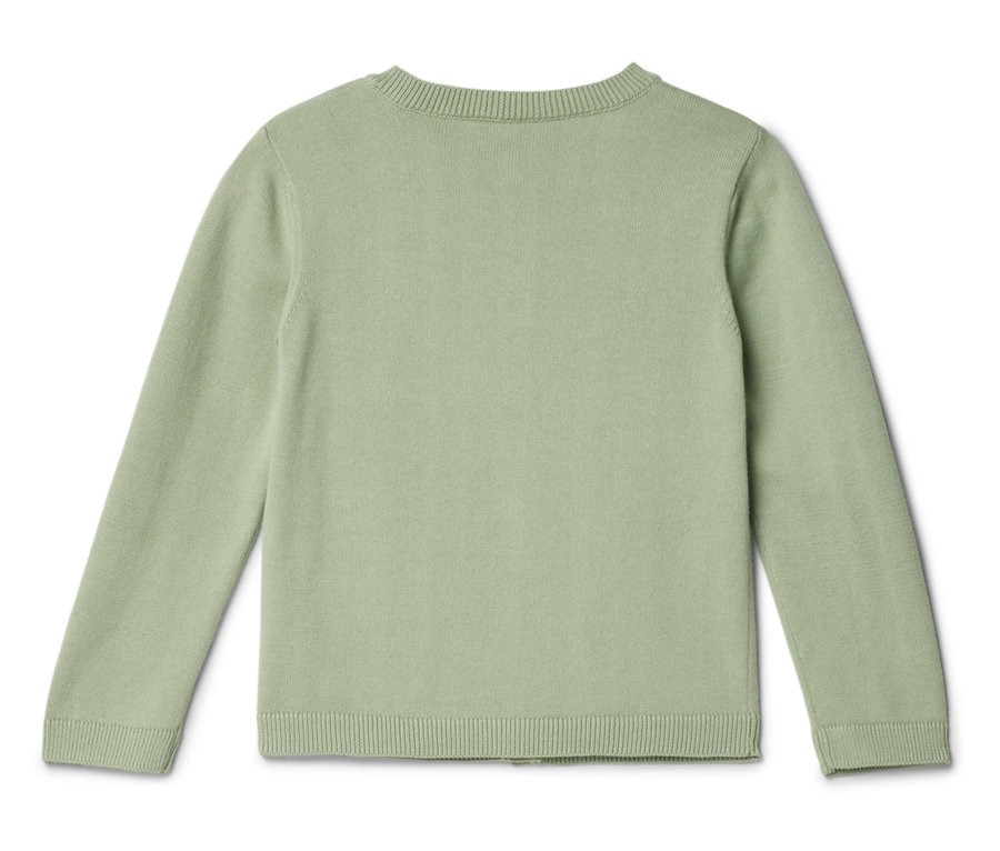 Hellgrüner Strickpullover, flach liegend.