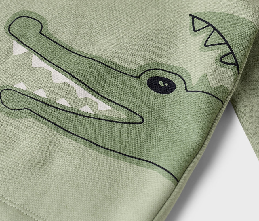 Nahaufnahme eines hellgrünen Stoffes mit einem aufgedruckten Krokodilkopf.