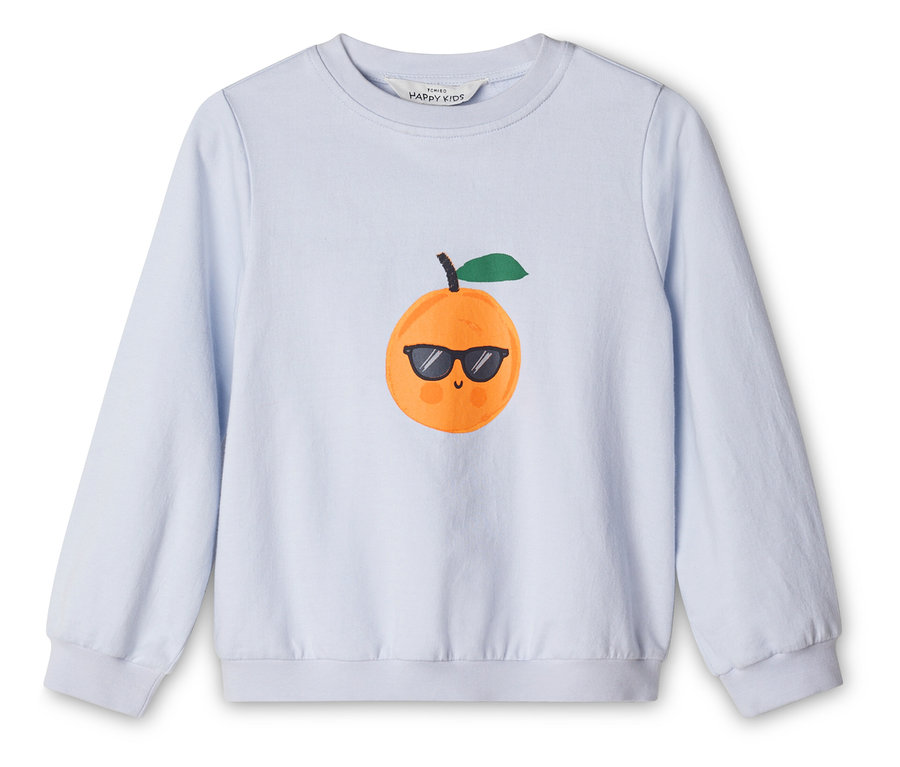 Helles Sweatshirt mit einer aufgedruckten Orange, die eine Sonnenbrille trägt.