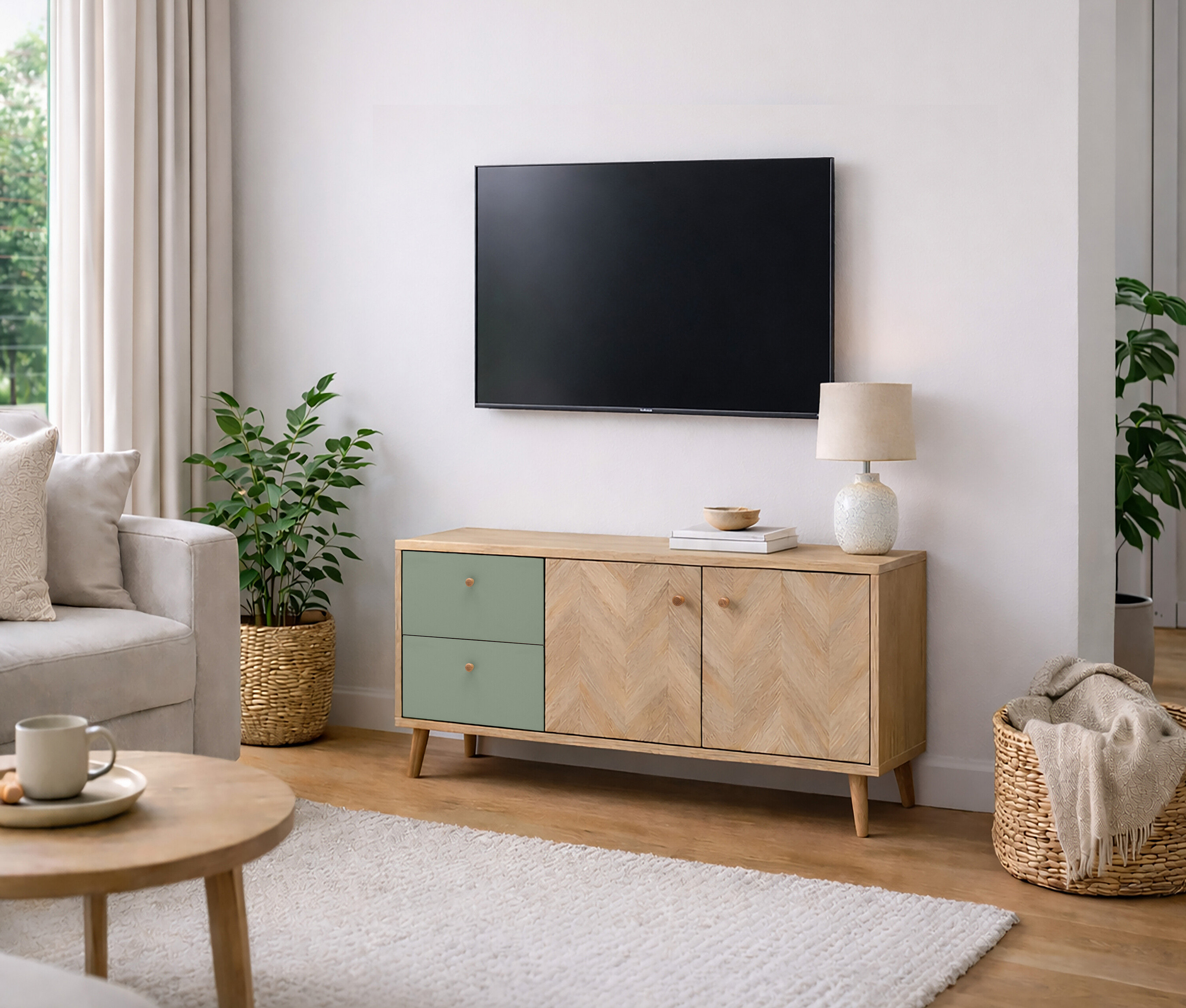 Wohnzimmer mit Fernseher an der Wand über einem Sideboard mit grünen Schubladen und Holztüren. Lampe, Schale und Buch stehen auf dem Sideboard.