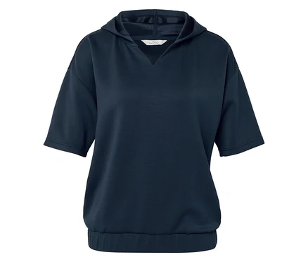Dunkelblaues Kapuzenshirt mit kurzen Ärmeln und Gummibund.