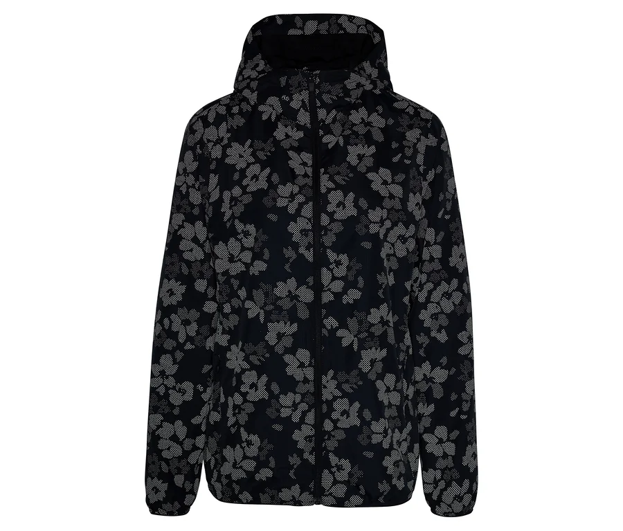 Dunkle Jacke mit Kapuze und durchgehendem Blumenmuster.